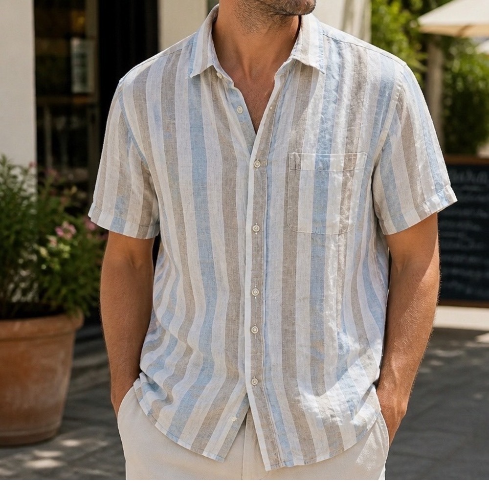 Porter & Ash Button Down Shirt Mens L Blue Tan Striped 100% Linen Coastal Summer